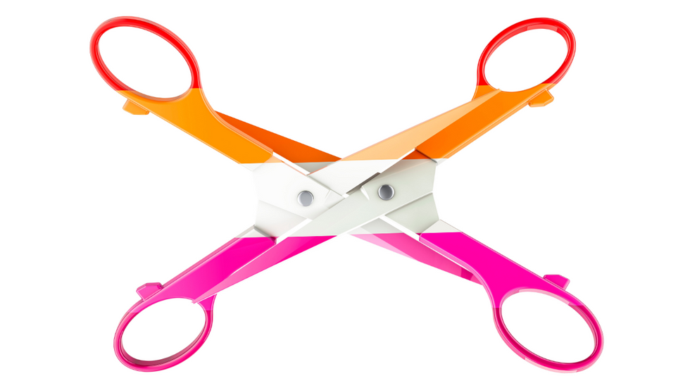 a 3D rendered image of two pairs of scissors interlocked together with the colors of the lesbian flag overlayed on them