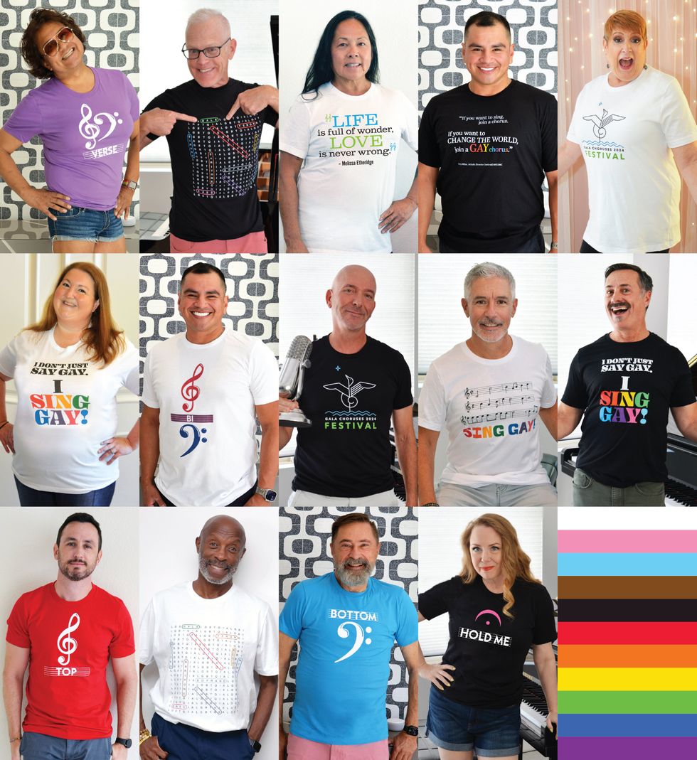 A collage of people wearing various LGBTQ+ themed t-shirts, with designs showing musical notes, rainbow colors, and pride slogans. A rainbow pride flag is displayed in the bottom right corner.