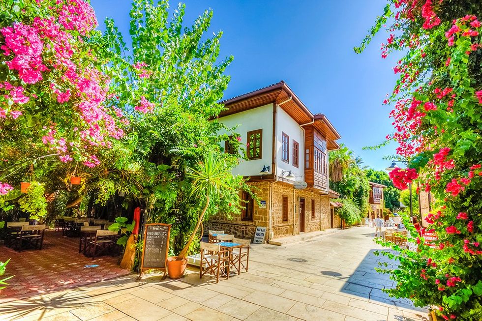 A colorful street in the historic district of Alanya, Turkey