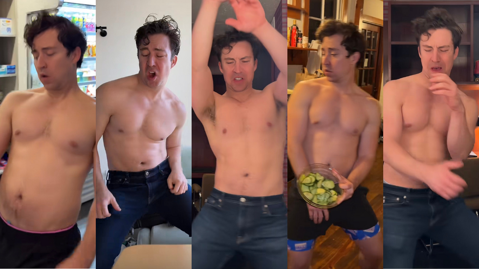 A composite of 5 screenshots from 4 different videos of Brian Jordan Alvarez dancing shirtless on TikTok.