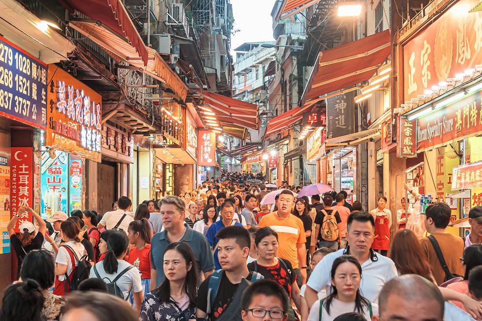 A crowded alley in downtown Macau, China