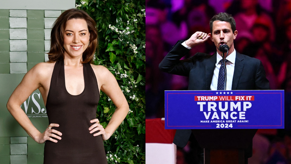 A diptych of actress Aubrey Plaza at the WSJ Magazine Innovator Awards and stand up comedian Tony Hinchcliffe at Donald Trump's rally at Madison Square Garden.