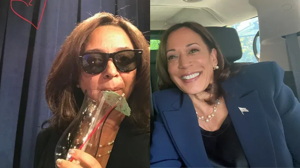 A diptych of actress Maya Rudolph next to Vice President Kamala Harris.