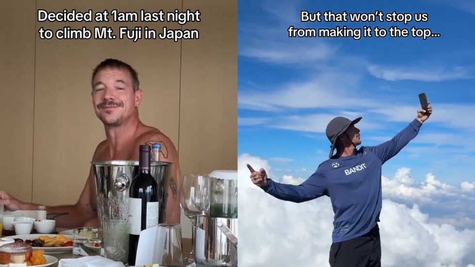 A diptych of American DJ Diplo. On the left, Diplo in the kitchen with caption "Decided at 1am last night ot climb Mt. Fuji in Japan." On the right, him taking  a selfie at the summit, caption "But that won't stop us from making it to the top..."