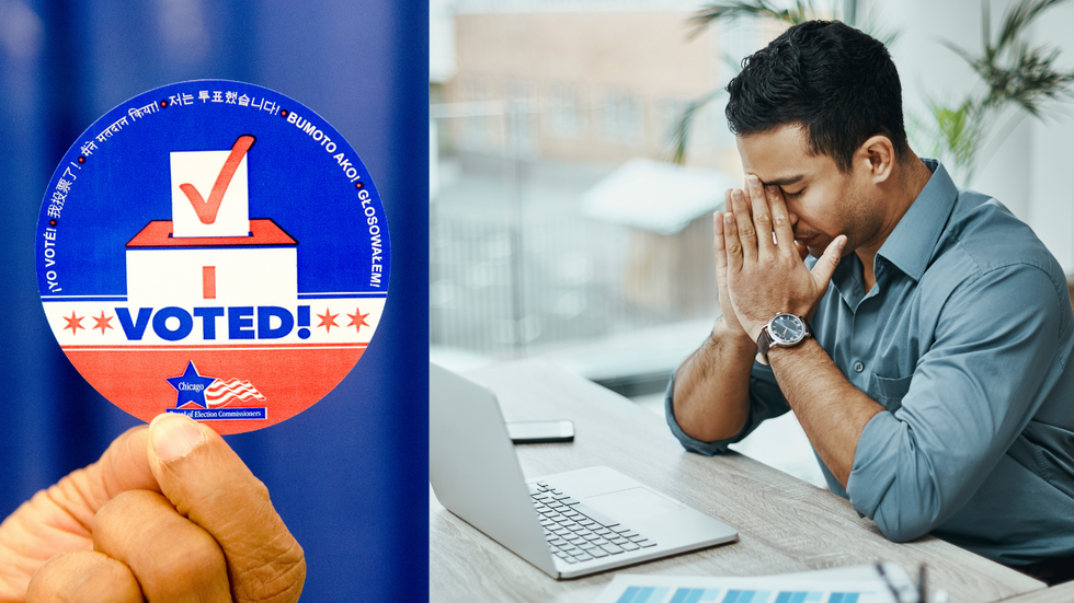 A diptych of someone holding a sticker with a ballot box on it that says "I VOTED!" next to a very stressed man sitting in front of his laptop.