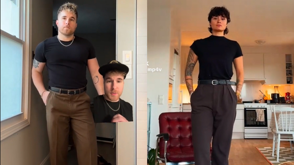 A diptych of TikTok users @ian3snacks and @alicia.mp4v side by side in the same outfit of a black t-shirt and brown slacks.