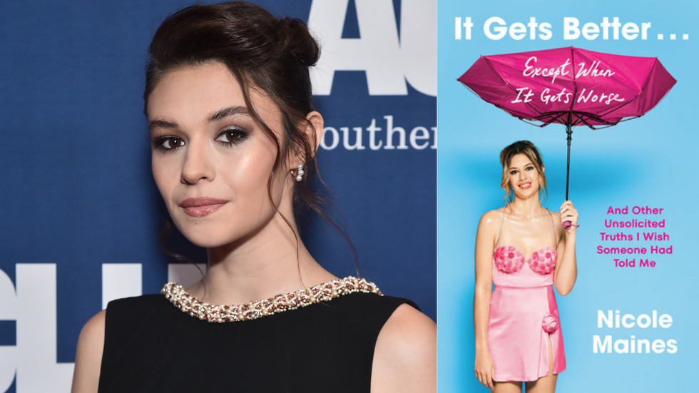 A diptych of trans actress and activist Nicole Maines at the ACLU SoCal's Annual Bill Of Rights Dinner in 2022 next to the cover of her book, "It Gets Better...Except When It Gets Worse"