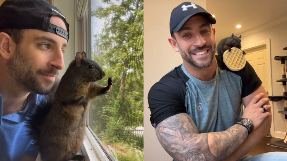 A diptych of two different images adult performer Mark Longo with his pet squirrel, Peanut.