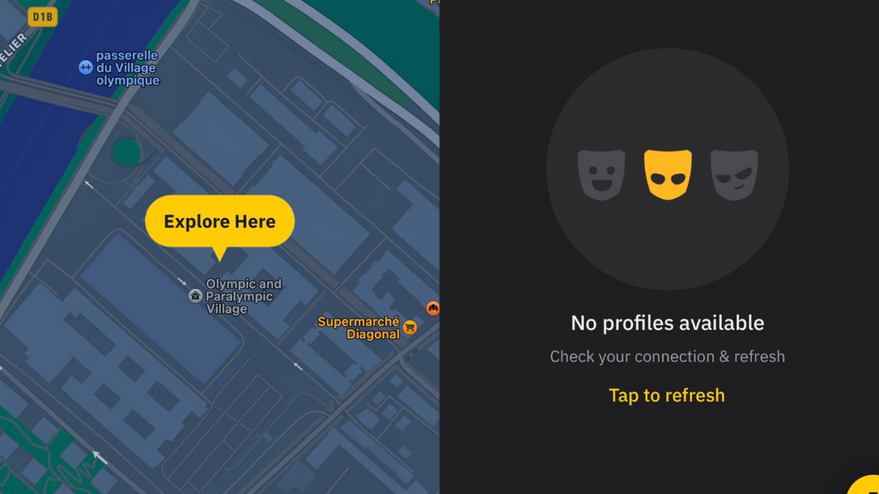A diptych of two screenshots from the gay hookup app Grindr. The left is a map of Paris, zoomed in on the "Olympic and Paralympic Village" with an icon indicating the area that says "Explore Here." The right side is the screen if you click on the "Explore Here" icon. It's the Grindr logo, a yellow mask, over a black back ground with text that reads, "No profiles available. Check your connection and fresh. Tap to refresh."
