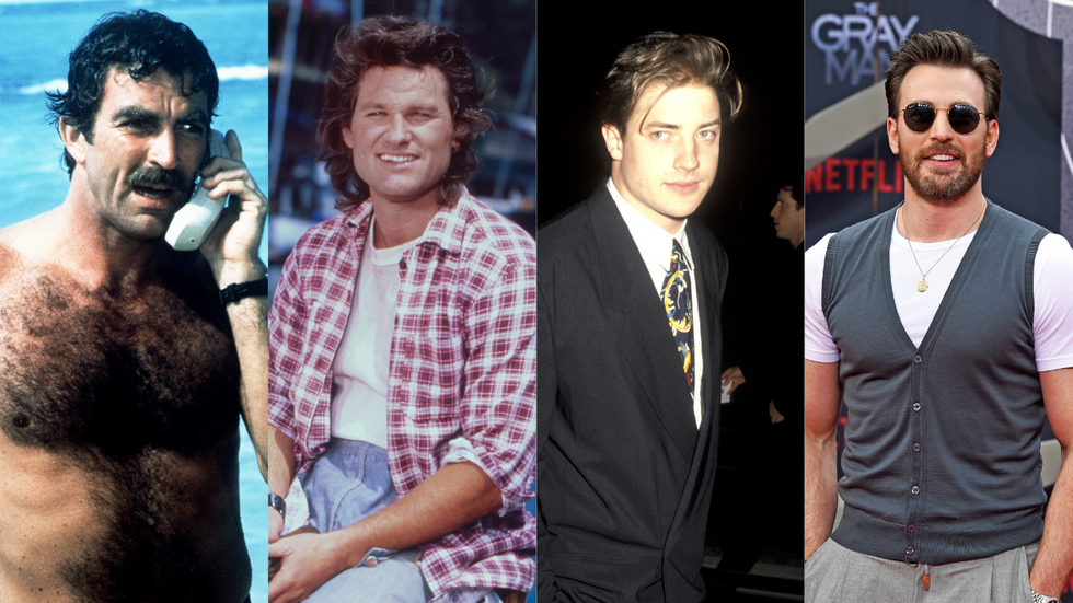 A four part image of four actors: Tom Selleck, Kurt Russell, Brendan Fraser, and Chris Evans