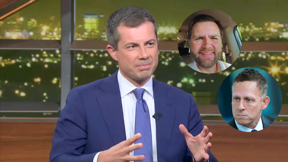 A screenshot of from "Real Time with Bill Maher" of Secretary of Transportation Pete Buttigieg. Superimposed are two circles, each featuring a headshot of Ohio Seantor J.D. Vance and venture capitalist Peter Thiel, respectively.