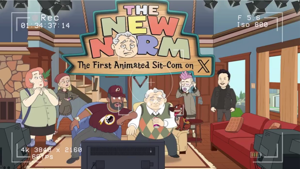 A still from the animated series The New Norm, featuring Janice, Norm's daughter, Charlie, Norm, Chaz, and Elon Musk.