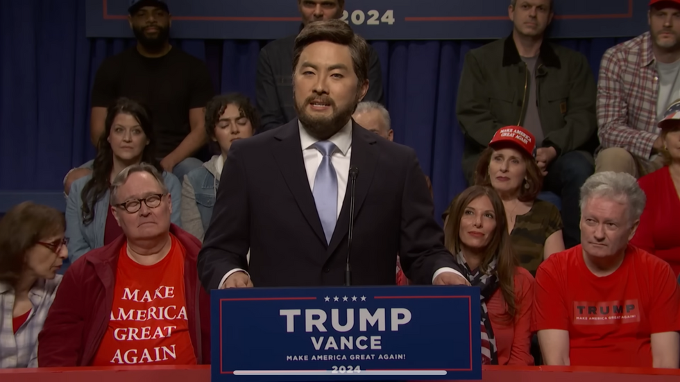 A still from the 'Saturday Night Live' season 50 premiere where actor Bowen Yang is portraying Republican VP nominee JD Vance