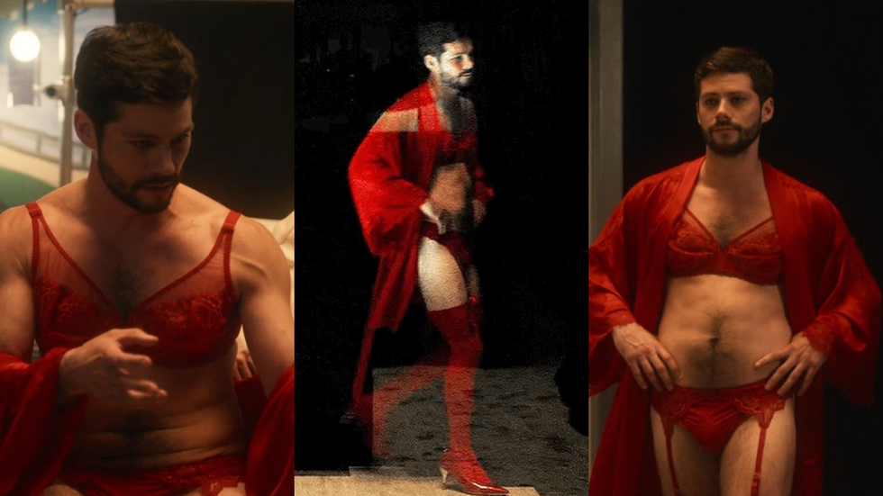 A triptych of actor Dylan O'Brien in a red lace lingerie set.