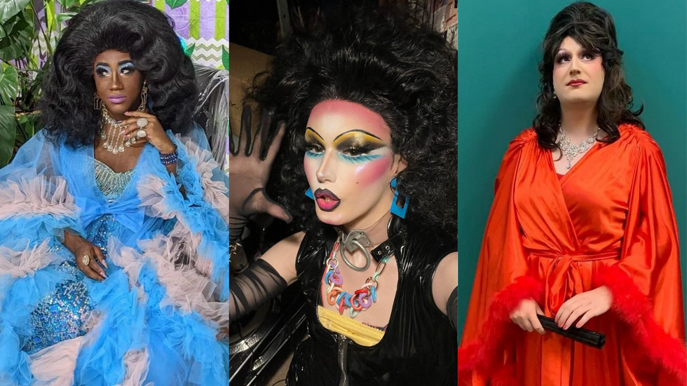 A triptych of drag queens Stormie Daie, Rayne, and Cali Je.