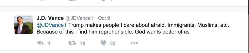 A Tweet from Ohio Senator J.D. Vance from October 9, 2016 that reads "Trump makes people I care about afraid. Immigrants, Muslims, etc. Because of this I find him reprehensible. God wants better of us."