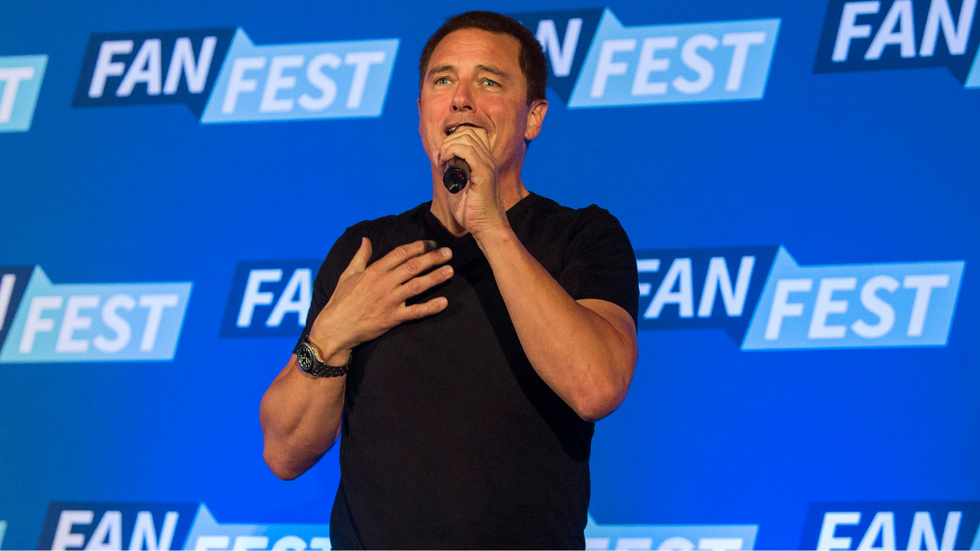 Actor John Barrowman speaking at a convention in 2017