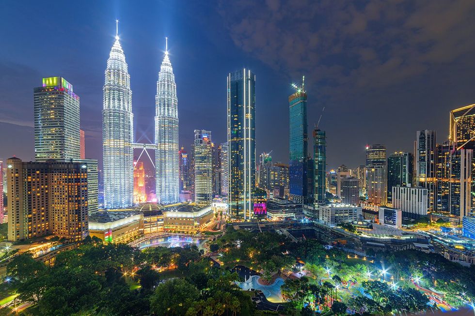 Aerial night view of KLCC Park in Kuala Lumpur, Malaysia