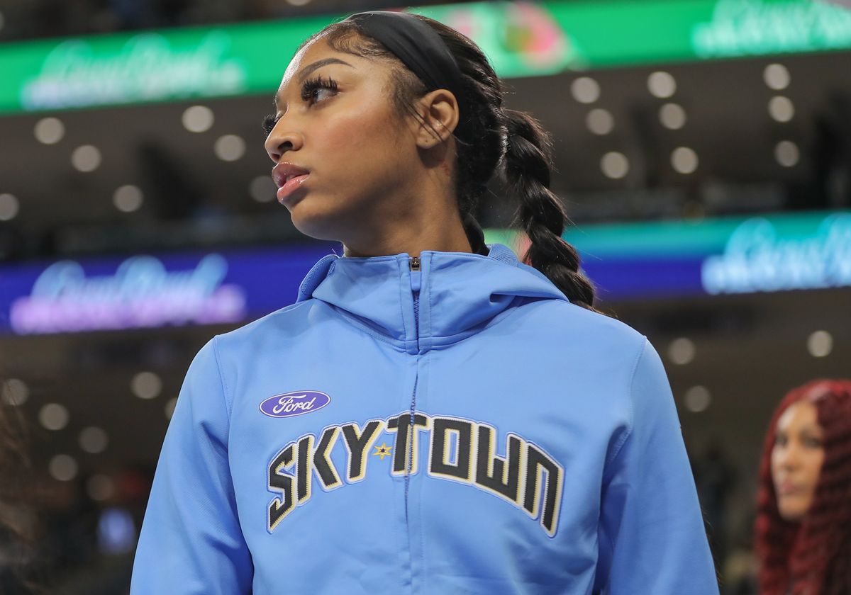 Angel Reese #5 of the Chicago Sky looks on prior to the start of a WNBA game against the Connecticut Sun on May 25, 2024 at Wintrust Arena in Chicago, Illinois. 