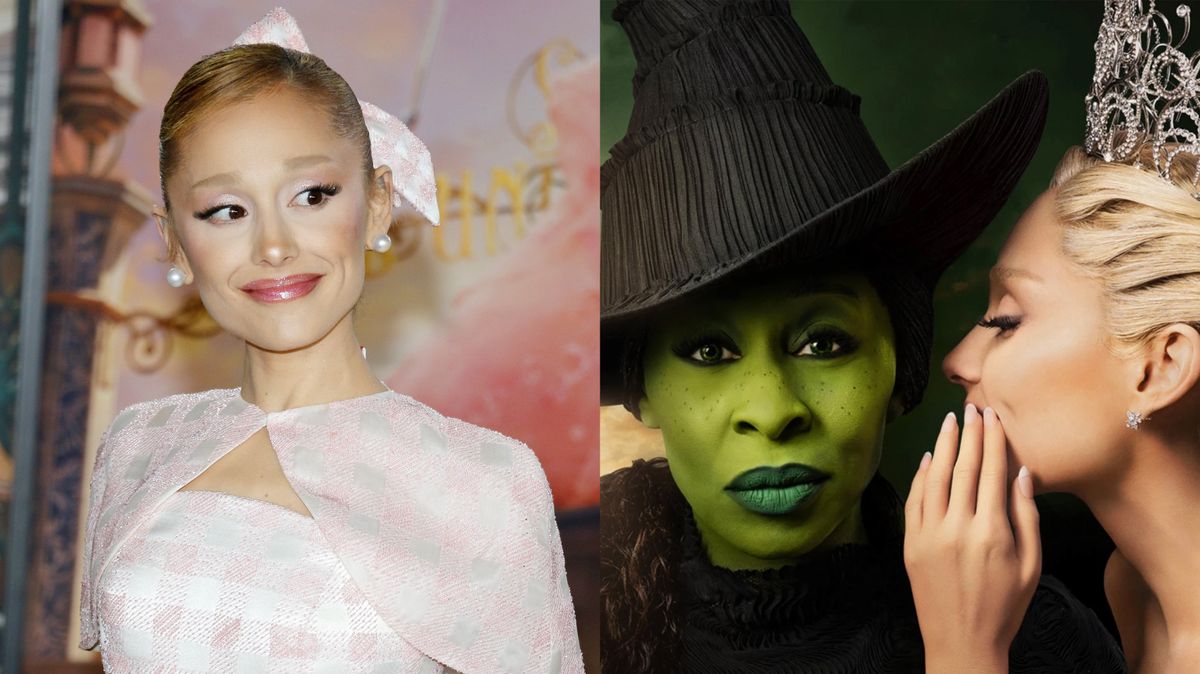 Ariana Grande and the poster for Wicked with Elphaba and Glinda