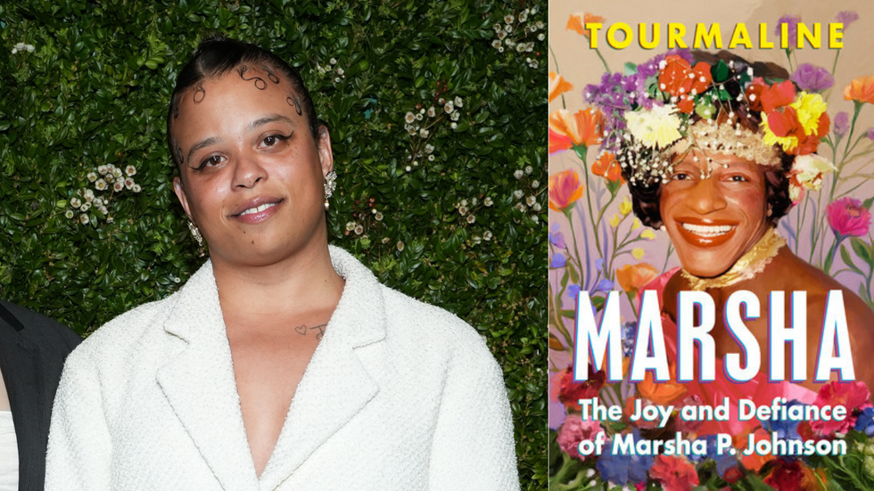 Artist Tourmaline and the cover of her upcoming book "Marsha: The Joy and Definace of Marsha P. Johnson"