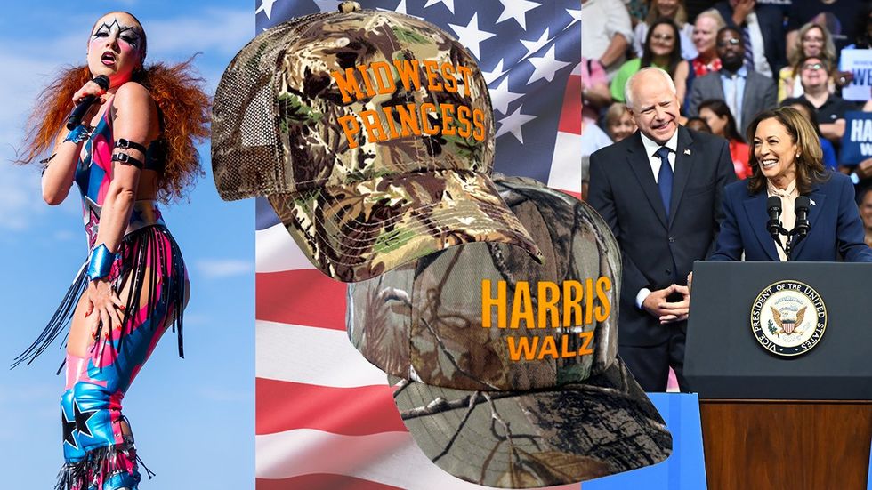 Chappell Roan merch hats midwest princess harris walz over american flag 2024 Democratic nominees Vice President of the United States Kamala Harris running mate Minnesota Governor Tim Walz on stage first campaign rally Philadelphia PA