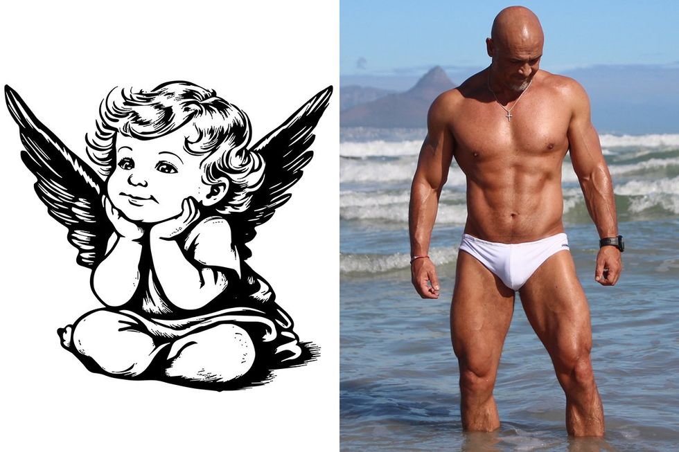 Cherub Angel next to Man in White Speedo