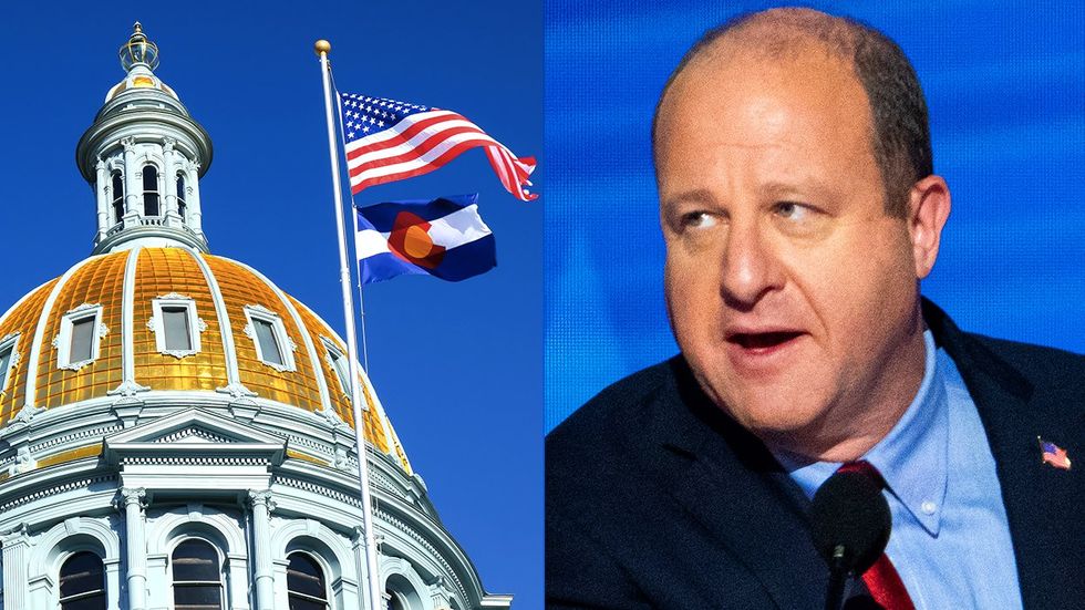 Colorado State Capitol Building dome american state flags governor Jared Polis