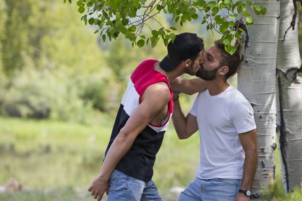 gay men kiss by a tree