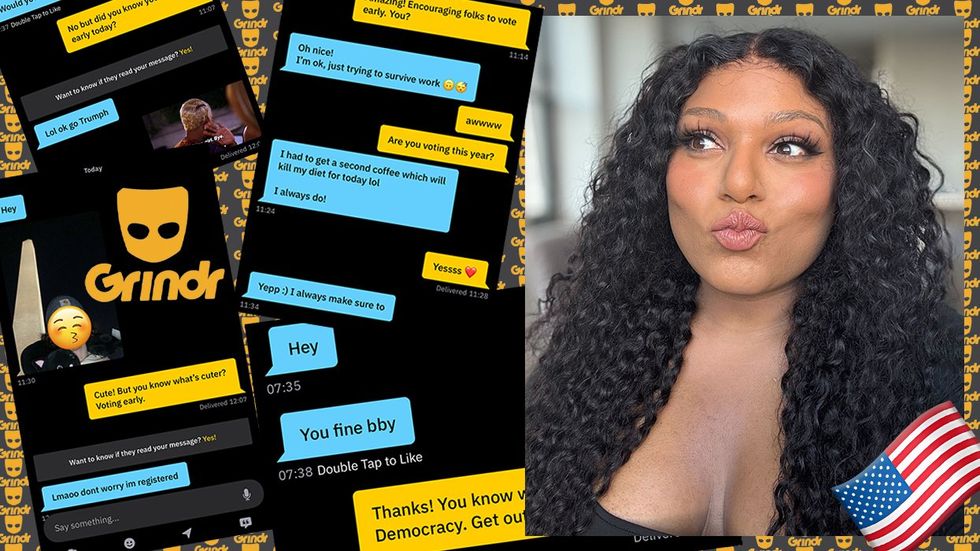 GRINDR voting early reactions digital collage showing grindr app messages with portrait of writer Marie-Ad\u00e9lina de la Ferri\u00e8re and american flag emoji