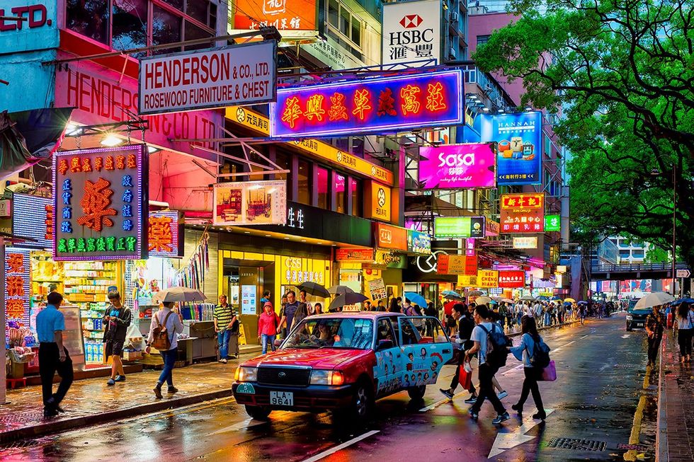 Haiphong Road at night in Hong Kong, China