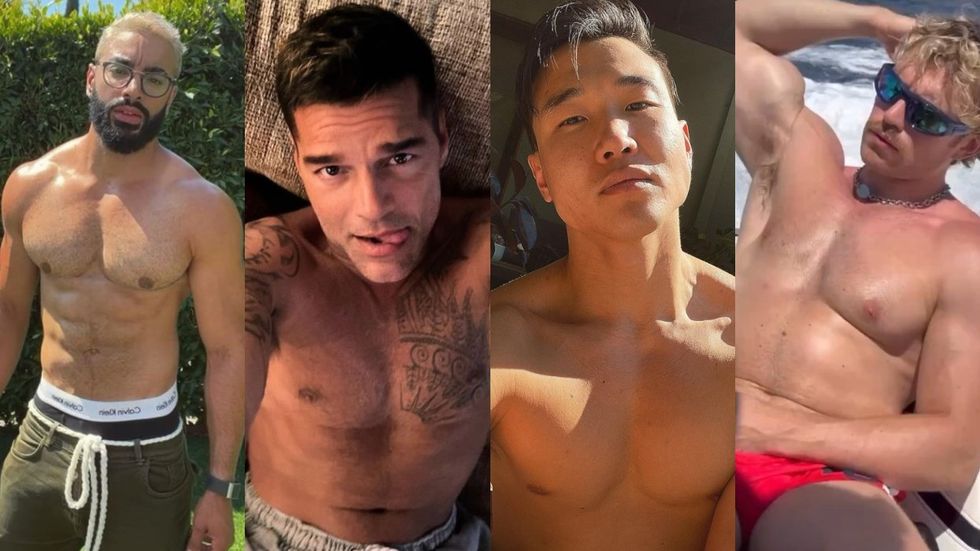 Hot gay/queer male celebrities; L to R: Laith Ashley, Ricky Martin Joel Kim Booster, Zane Phillips