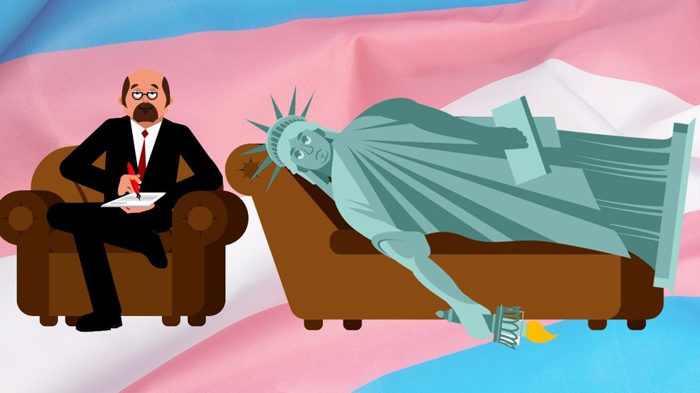 illustration of therapist in chair statue of liberty on couch over transgender flag background