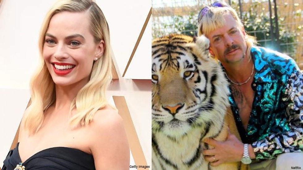 HD photograph of margot robbie with tiger body paint