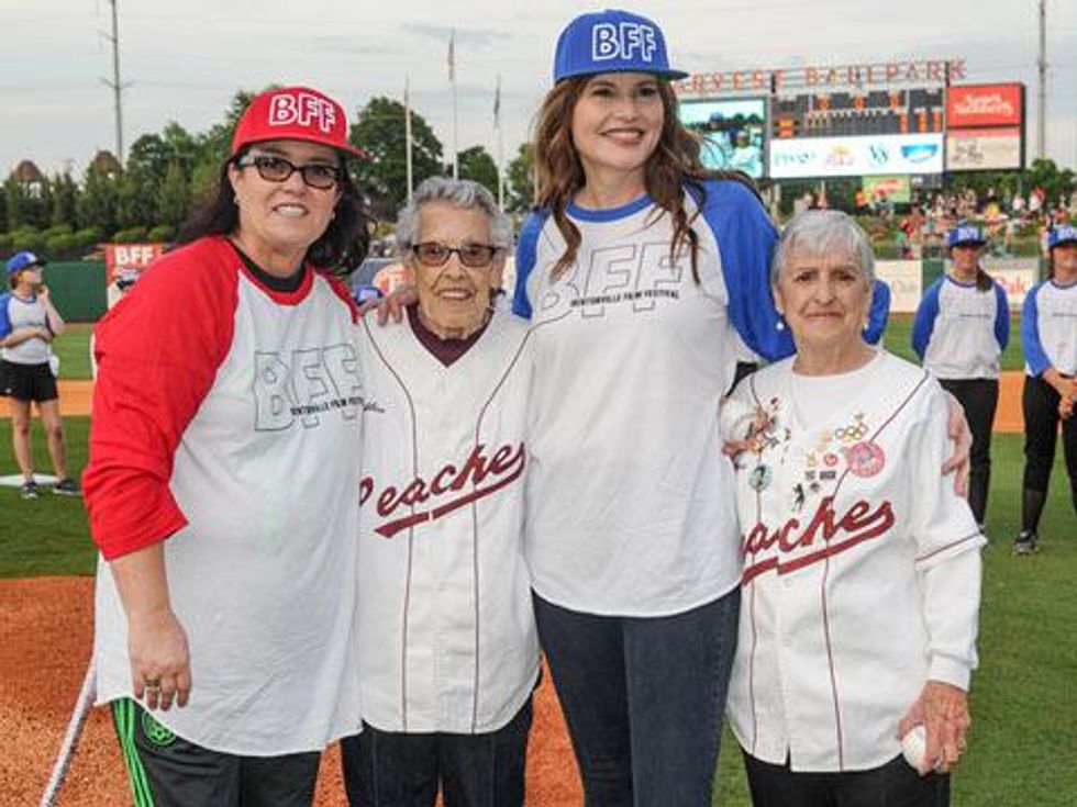 A League of Their Own Stars Geena Davis and Rosie O'Donnell Coach Nostalgic Baseball Game