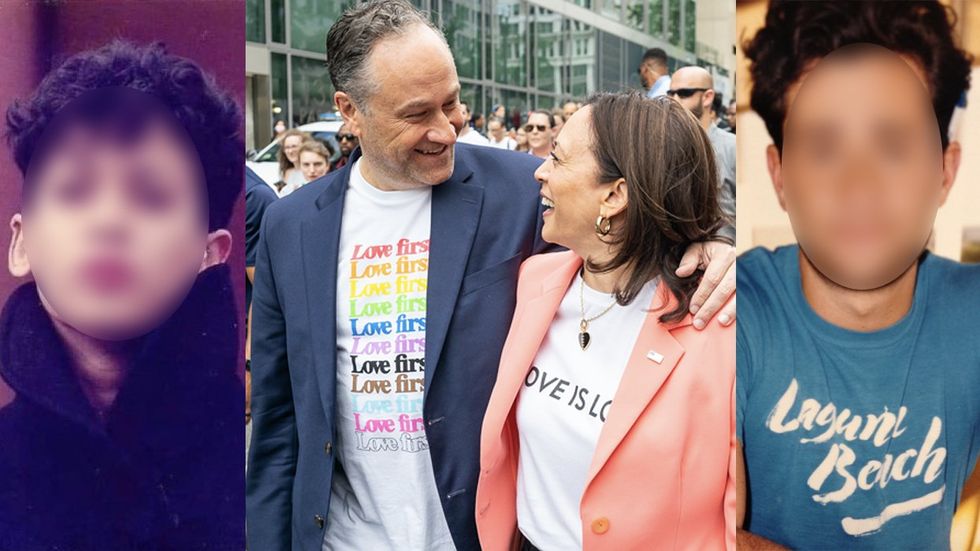 Kamala Harris and Doug Emhoff next to blurred photos from the 80s