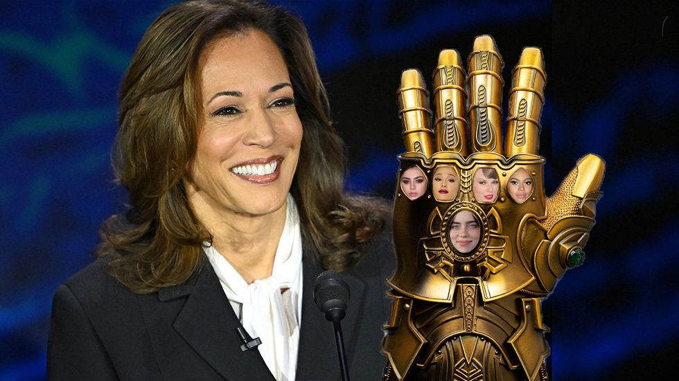 Kamala Harris infinity gauntlet,charlie xcx, ariana grande, taylor swift, beyonce, billie eilish 