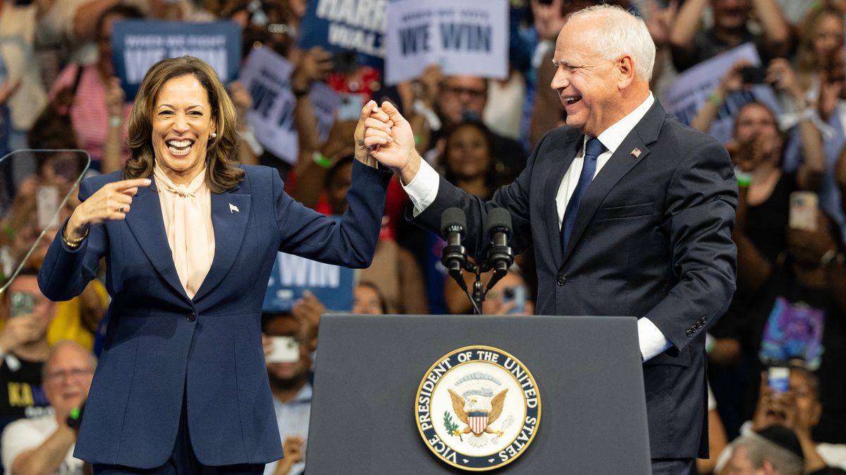 Kamala Harris with running mate Tim Walz who made funny JD Vance couch sex joke at their first rally together