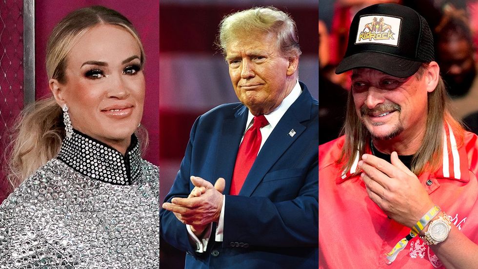 (L-R) Carrie Underwood at the 2023 CMT Music Awards; Donald Trump at a presidential election event; Kid Rock at UFC 287 event