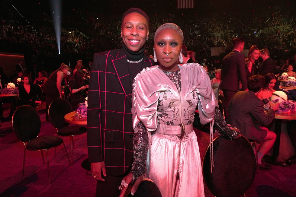 LAS VEGAS, NEVADA - APRIL 03: (L-R) Lena Waithe and Cynthia Erivo during the 64th Annual GRAMMY Awards at MGM Grand Garden Arena on April 03, 2022 in Las Vegas, Nevada.