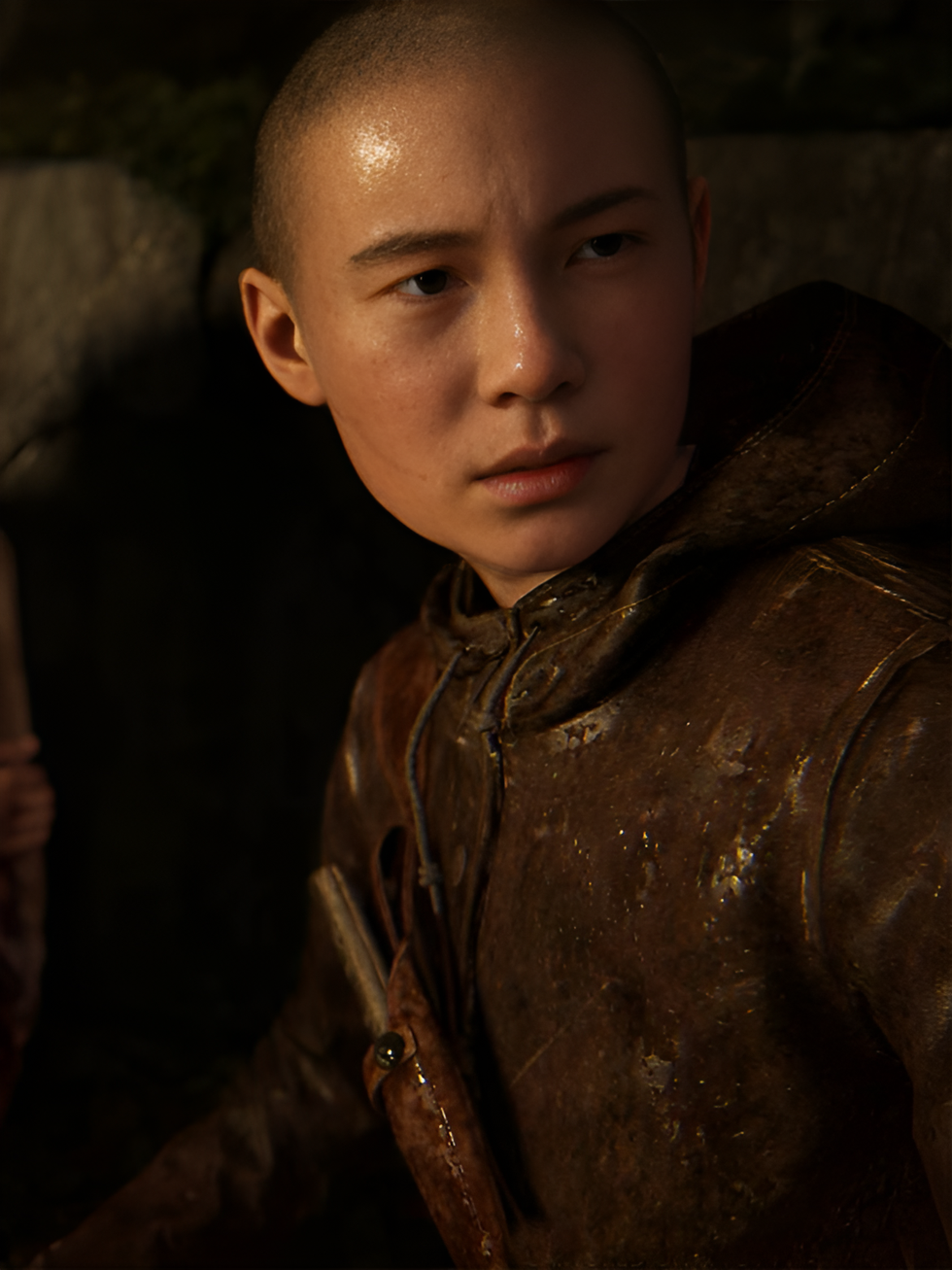 Reb from The Last of Us Part II. He is a 13-year-old Vietnamese-American transgender boy with a shaved head and a brown leather coat.