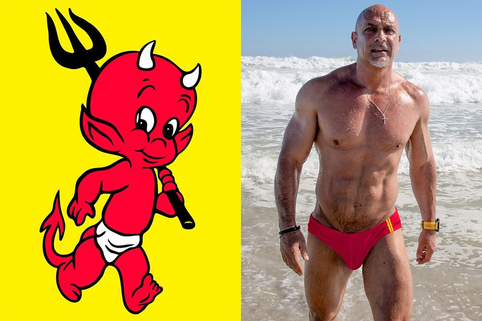 Little Devil next to Man in Red Speedo