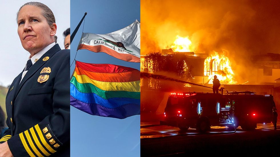 Los Angeles first openly LGBTQ Fire Chief Kristin Crowley California State Flag Rainbow flag waving together against blue sky Firefighters battle the Palisades Fire while it burns homes on the Pacific Coast Highway