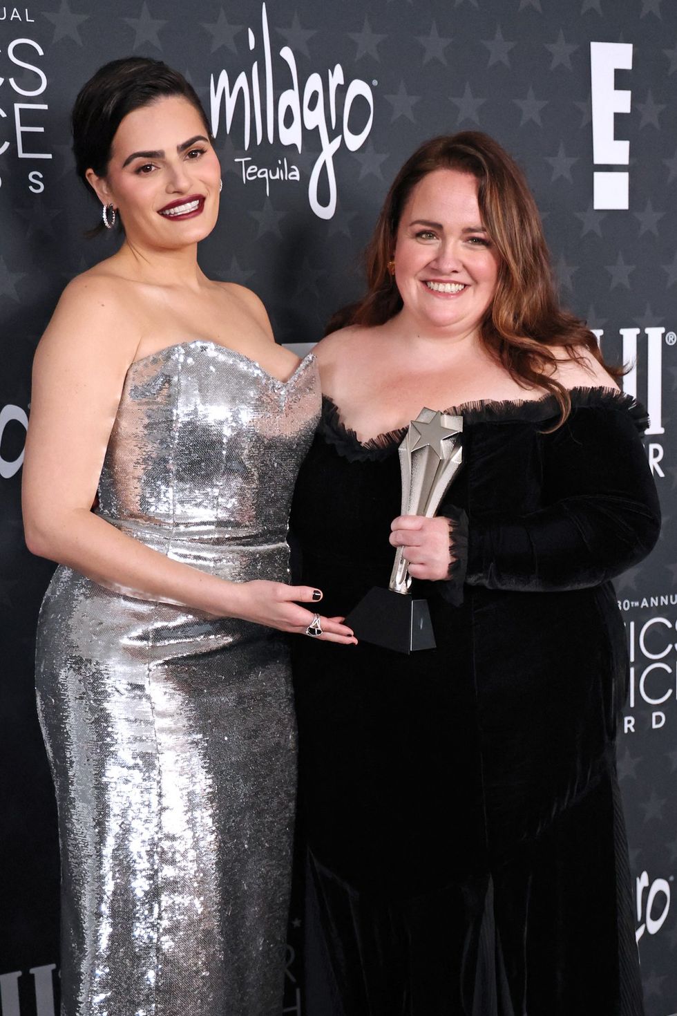 Mexican actress and filmmaker Nava Mau (L) and English actress Jessica Gunning pose with the Best Limited Series award for "Baby Reindeer" in the press room during the 30th Annual Critics Choice Awards at Barker Hangar in Santa Monica, California, on February 7, 2025.