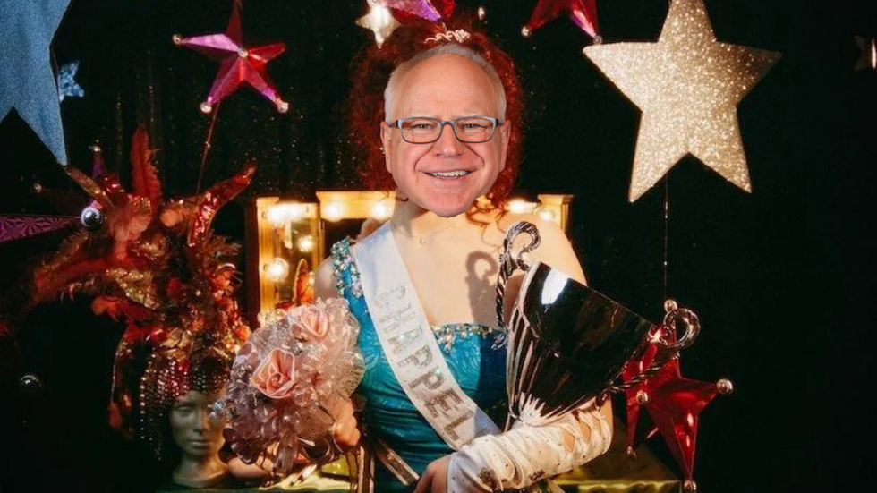 Minnesota Governor Tim Walz's head super imposed on an image of singe Chappell Roan from her "Rise and Fall of a Midwest Princess" photoshoot