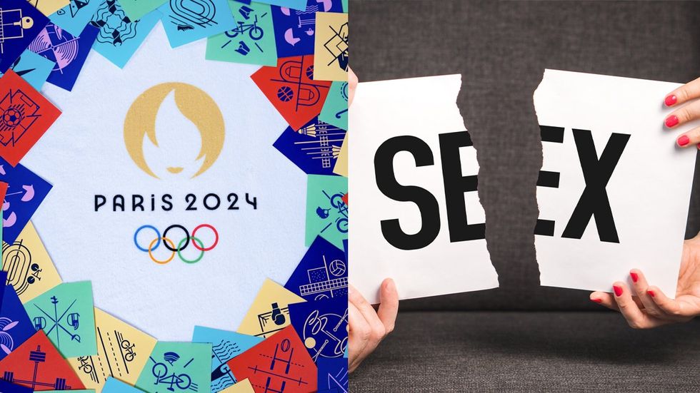 Olympic logo for Paris 2024 surrounded by square flags with representations of Olympic events on them next to a sign that says "SEX" being torn in half down the middle by two sets of hands.