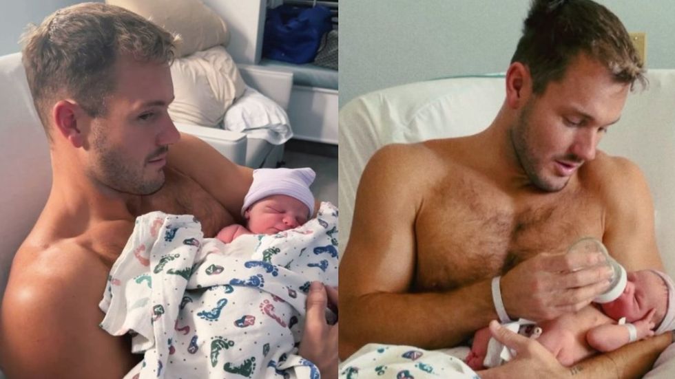 Out reality TV personality and former 'The Bachelor' star Colton Underwood feeds his newborn son Bishop.