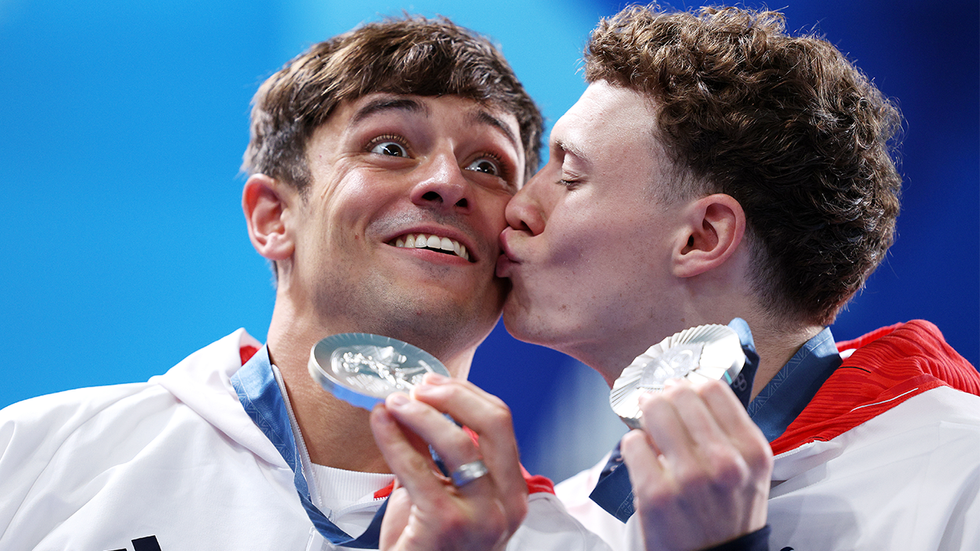 PARIS, FRANCE - JULY 29: Silver Medalists Thomas Daley and Noah Williams of Team Great Britain celebrate as they pose following the Diving medal ceremony after the Men\u2019s Synchronised 10m Platform Final on day three of the Olympic Games Paris 2024 at Aquatics Centre on July 29, 2024 in Paris, France.