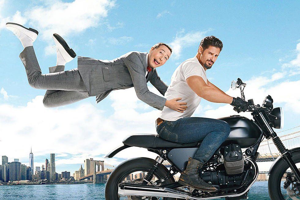 Pee-wee Herman on the back of Joe Manganiello's motorcycle.