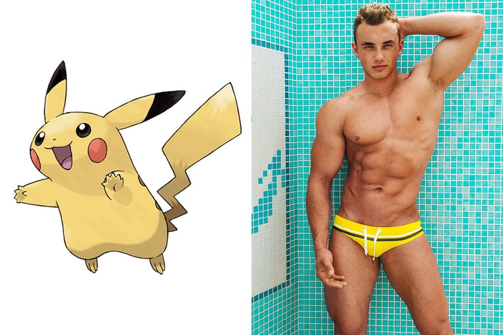 Pikachu next to Man in Yellow Speedo